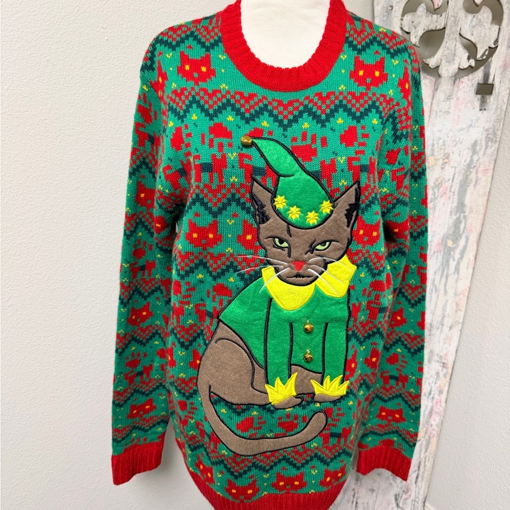 32 Degrees Festive Cat Sweater - Red and Green Ugly Sweater
